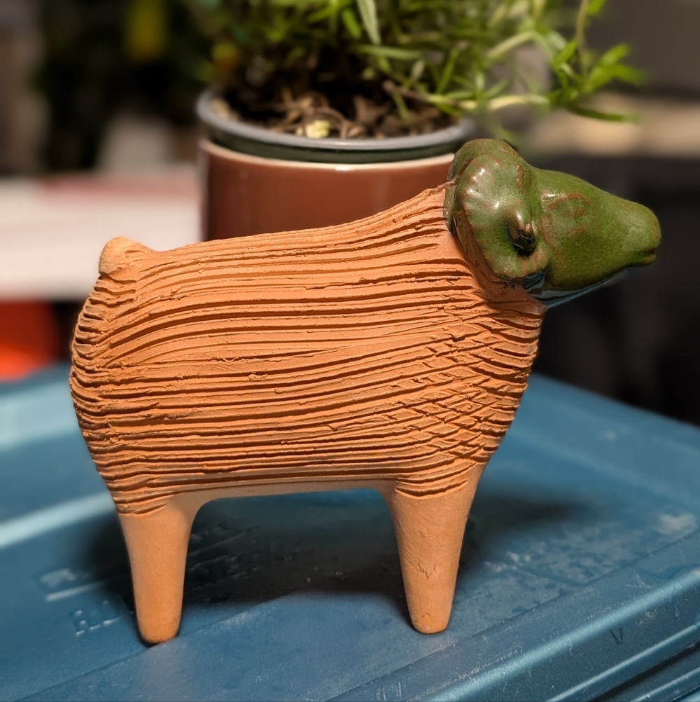 Classic Chia Pet Handcrafted Terracotta and Green Sheep Sculpture